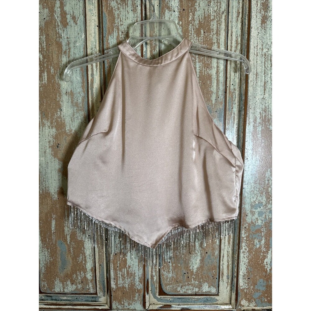 Blue B Blush Colored Halter Top With Rhinestone Fringe Small Handkerchief Hem
